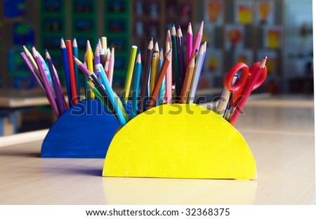 Set of pens and pencils on the table