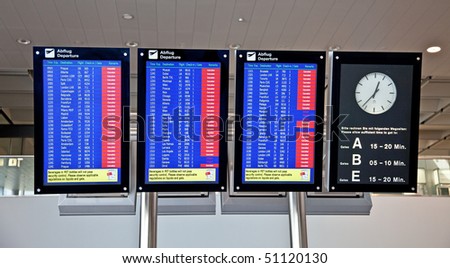 ZURICH - APRIL 17: Zurich airport Time board showing flights, canceled due to Volcanic eruption, 17 April 2010 in Zurich, Switzerland.