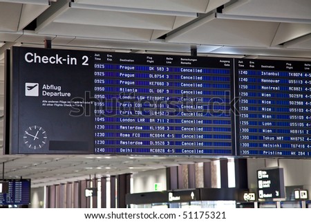 ZURICH - APRIL 17: Zurich airport Time board showing flights, canceled due to Volcanic eruption, 17 April 2010 in Zurich, Switzerland.
