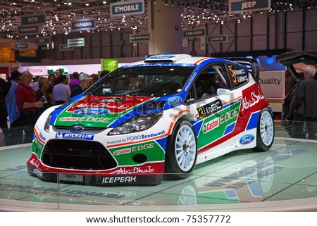 stock photo GENEVA MARCH 8 The Ford Fiesta Rally Car on display at