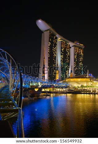 SINGAPORE - FEBRUARY 5: The Marina Bay Sands complex at night on February 5, 2012 in Singapore. Marina Bay Sands is billed as the world\'s most expensive standalone casino property.