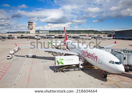 ZURICH - SEPTEMBER 21:Air Berlin Airbus A330 preparing for take off on September 21, 2014 in Zurich, Switzerland. Zurich International Airport is one of major Hubs and home port of Swiss airline.