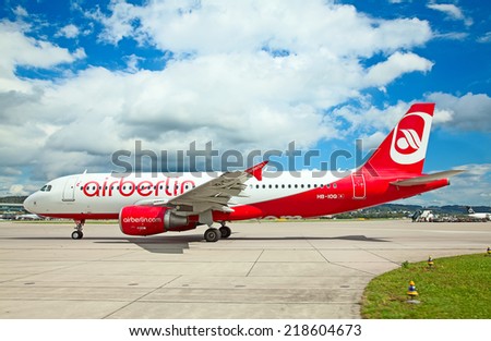 ZURICH - SEPTEMBER 21:Air Berlin airlines Airbus A320 taxing before take off on September 21, 2014 in Zurich, Switzerland. Zurich Airport is one of major Europian Hubs and home port of Swiss airline.