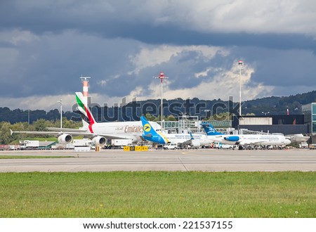 ZURICH - September 21:  Emirates A-380 before take off at Zurich Airport on September 21, 2014 in Zurich, Switzerland. Zurich airport is home port for Swiss Air and one of the biggest european hubs.
