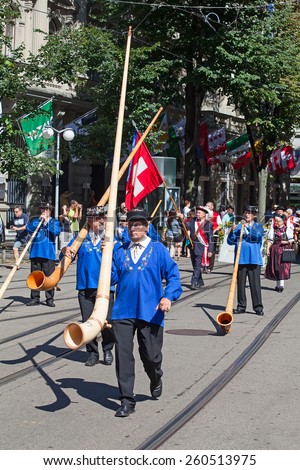 ZURICH - AUGUST 1: Swiss National Day parade on August 1, 2012 in Zurich, Switzerland. Representaives of cantone Glarus in historical costumes.