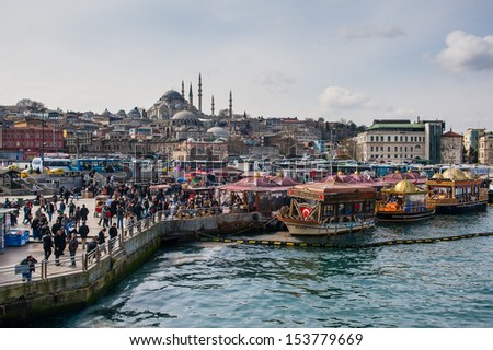 ISTANBUL, TURKEY - MARCH 03 : Traditional fish restaurants at sea on march 03, 2013 in Istanbul, Turkey. Traditional fish restaurants are symbol of Eminonu.