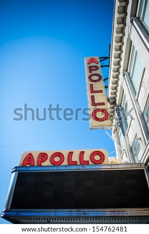 NEW YORK CITY - FEB 6: Sign outside of Apollo Theater on February 6, 2012 in Harlem, NYC. It\'s one of the oldest and most famous music halls and listed on the National Register of Historic Places.