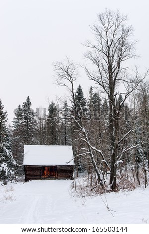 Little wood cabin in the forest under the snow with a cloudy sky