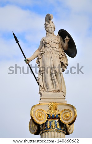 Athena, Ancient Greeks\' goddess of heroic endeavor and wisdom. The statue is located by the main entrance of the Academy of Athens, Greece.