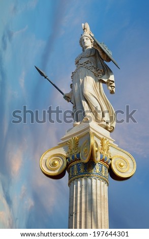 Athena, Ancient Greeks\' goddess of heroic endeavor and wisdom. The statue is located by the main entrance of the Academy of Athens, Greece.