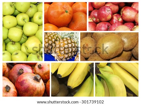 Collage of different winter fruit.  Colorful fruits background collage