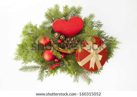 christmas decoration, red gift box with gold ribbon