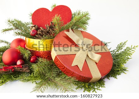 christmas decoration with red gift box and gold ribbon