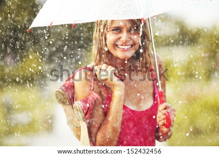 Portrait Of Beautiful Young Girl Walking With Umbrella Under Rain