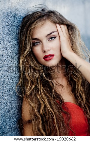 stock photo Beautiful model with red sexy lips and long hair