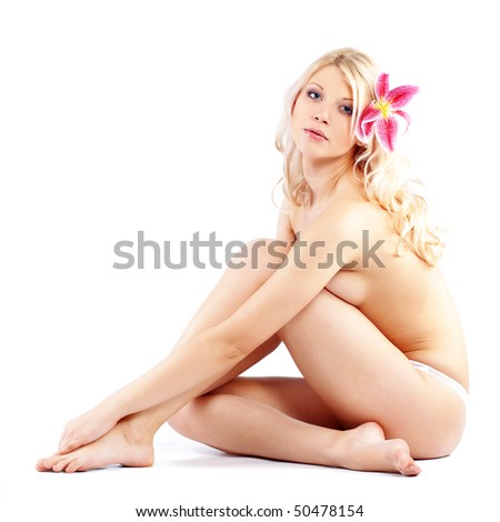 stock photo Portrait of very beautiful naked woman with lily on white