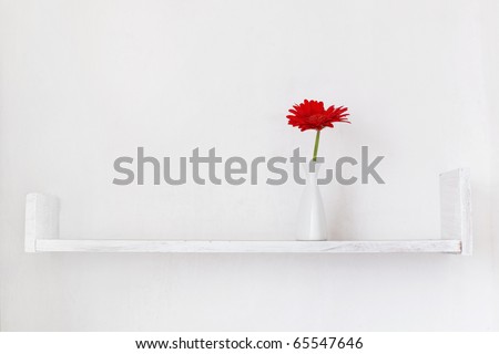 Decorative shelf on white wall with flower ina vase on it