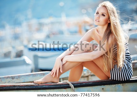 Beautiful Sexy Woman Wearing Sailor Striped Dress Posing In Boat Stock Photo Shutterstock