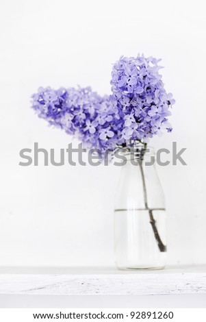 Small bouquet of lilac in glass bottle on white wooden shelf as detail of interior