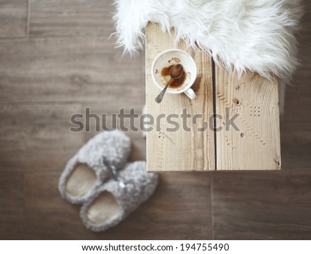 Still life details, cup of coffee on rustic bench, top view point