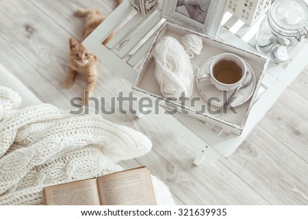 Still life details, cup of tea on retro vintage wooden tray on a coffee table in living room, top view point. Lazy winter weekend with a book on the sofa.