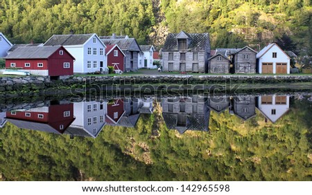 Beautiful village in Norway, houses, lake