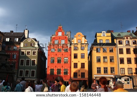 STOCKHOLM, SWEDEN - JULY 29: Stortorget sqare with colorful houses in Stockholm, Sweden on July 29, 2012