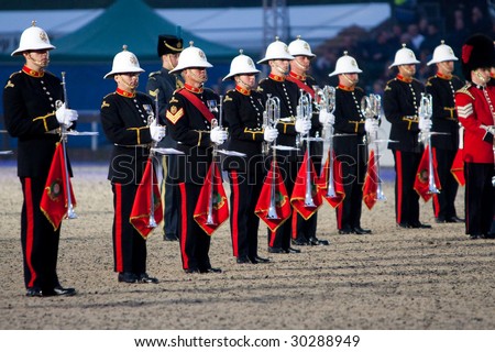 WINDSOR - MAY 13: The band of the Royal Marines at attention during the Windsor Royal Tattoo in Windsor, May 13, 2009