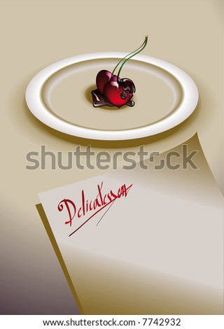 A bowl of cherries with chocolate, with a blank paper to write. Ideal for making the letter desserts or talk about the temptation or seduction.