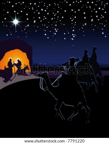 Scene of the nativity. The three wise men and the child Jesus. It can be used both to celebrate Christmas as to tell the life of Jesus. It is divided into layers perfectly editable
