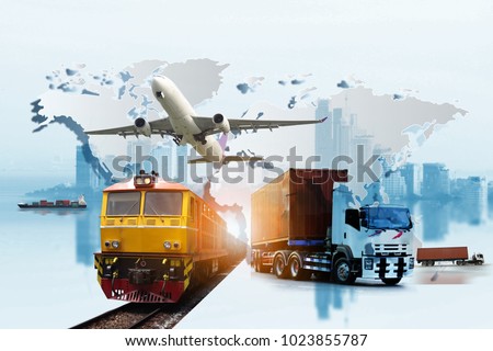 Transportation, import-export and logistics concept, container truck, ship in port and freight cargo plane in transport and import-export commercial logistic, shipping business industry