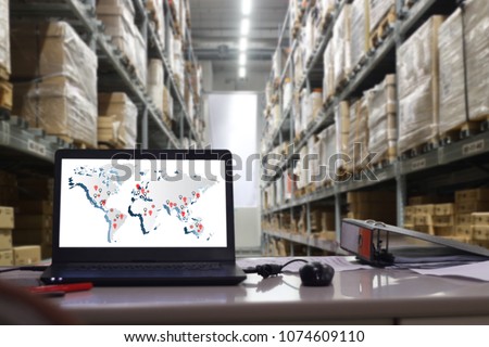 world map with AR application for check order pick time in smart factory warehouse,  connection for Logistic Import Export ,interior of warehouse. Rows of shelves with boxes