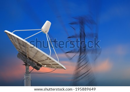 Satellite dish sky sunset communication technology network image background for design A radio telescope is a form of directional radio antenna used in radio astronomy.
