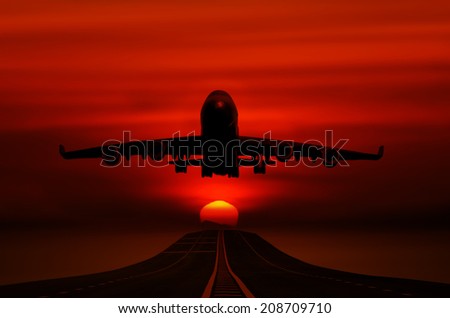passenger plane take off from runways at time beautiful sunset sky use for air transport ,journey and travel industry business