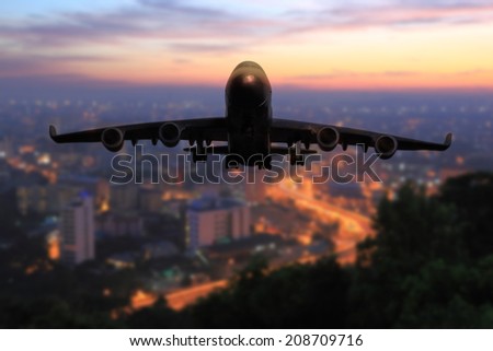 passenger plane take off from runways at time beautiful sunset sky use for air transport ,journey and travel industry business