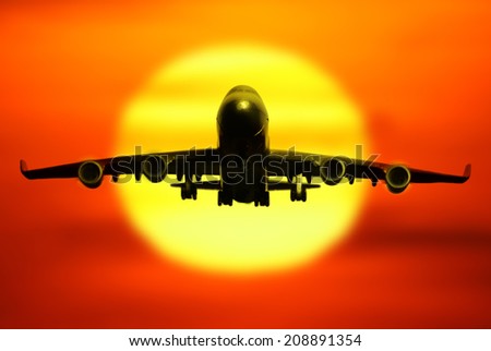 passenger plane take off from runways to beautiful sky at sunset time with copy space use for air transport ,journey and travel industry business