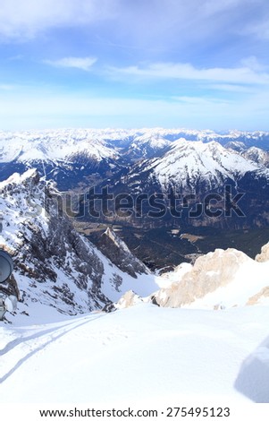 Winter snow covered mountain Zugspitze in Germany Europe. Great place for winter sports