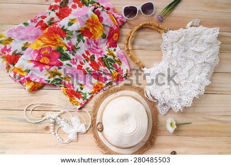 Overhead of essentials vintage woman. Outfit of casual woman.