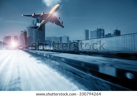 container trains ,commercial freight cargo plane flying above use for logistic and transportation industry background