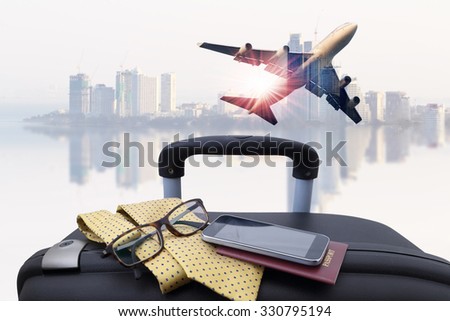Luggage And Airplane On Beautiful Sky Travel Concept Stock Photo