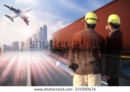 two engineer on site with  industry container trains on railways track cargo plane flying with  transportation and  logistic business industry ,import export,shipping