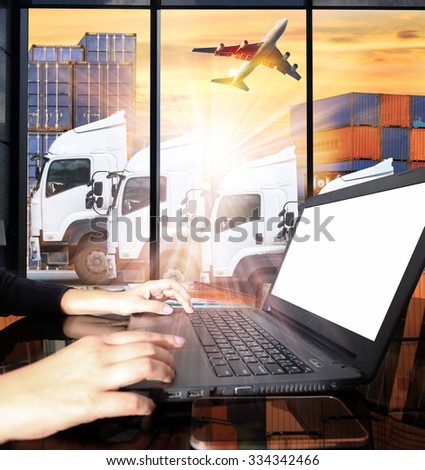 container truck and freight cargo plane concept of  import-export commercial logistic ,shipping business industry