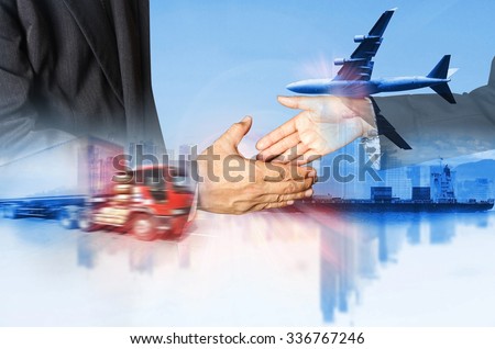 Double exposure of success businessman and container truck and freight cargo plane concept of  import-export commercial logistic ,shipping business industry