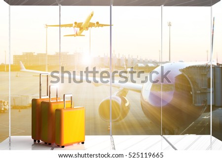 traveling luggage in airport terminal   ,Suitcases in airport departure lounge, summer vacation concept, traveler suitcases in airport terminal waiting area, empty hall interior with large windows