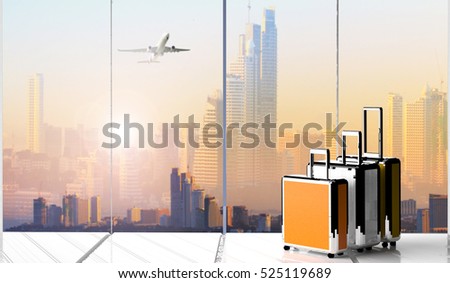 traveling luggage in airport terminal   ,Suitcases in airport departure lounge, summer vacation concept, traveler suitcases in airport terminal waiting area, empty hall interior with large windows