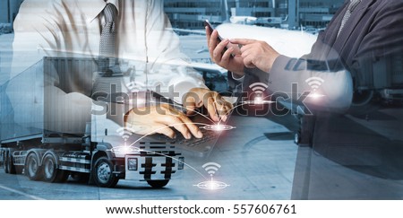 Double exposure of success businessman working in office with digital tablet laptop computer for Industrial Container Cargo freight ship for Logistic Import Export concept