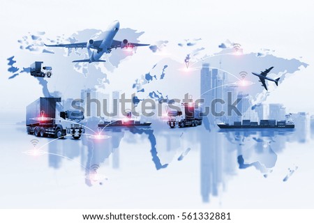 Global logistics network Web site concept, Air cargo trucking rail transportation maritime shipping On-time delivery