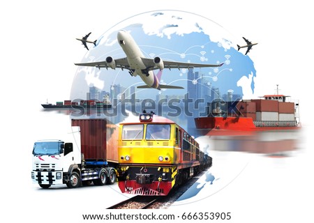 Global business of Container Cargo freight train for logistic import export, Business logistics concept ,  Air cargo trucking , rail transportation , maritime shipping , On-time delivery