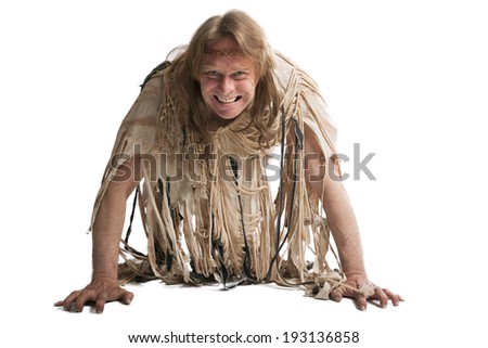 man with long hair in the ancient character posing on white background