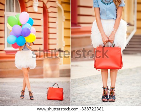 Young beautiful fashion woman with handbag and air balloons posing in the city streets.Collage
